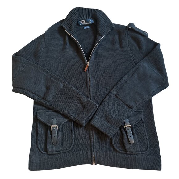 Vintage Womens Polo Ralph Lauren Navy Cardigan Shoulder Elbow Patches SZ Large - Picture 4 of 15